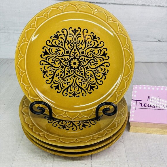 Vintage Japan GOLDEN SEVILLE Black Center Design Stoneware Dinner Plates Set 4